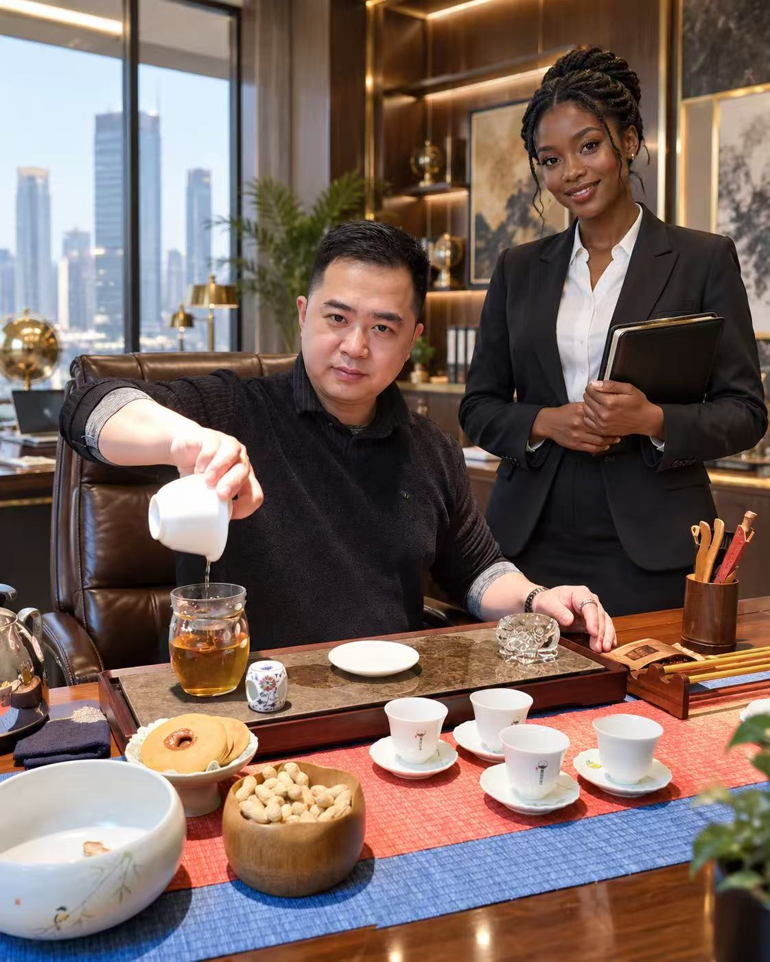 Ethan Wang pouring tea, with a colleague at the Hong Kong office — 王孟強在香港辦公室倒茶，同事在旁
